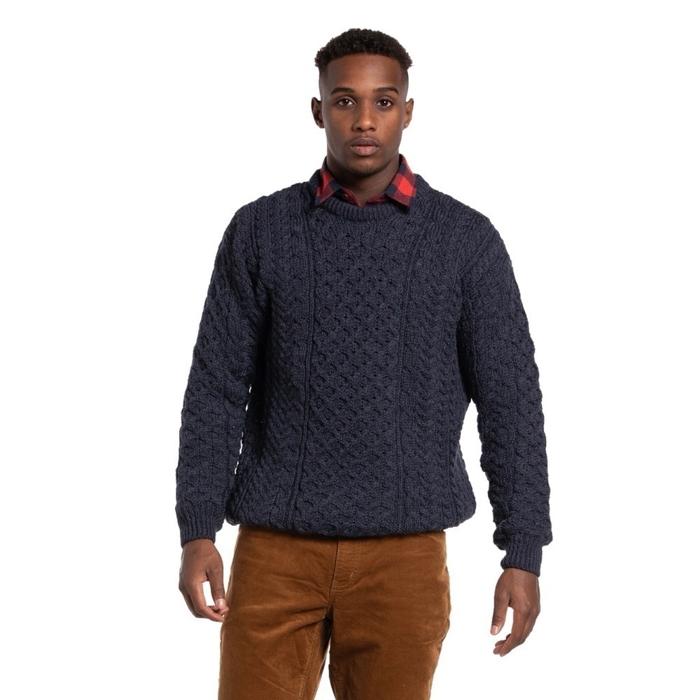 RUE ST-PATRICK • Worsted Wool Crewneck Sweater In Midnight Blue fisherman cable